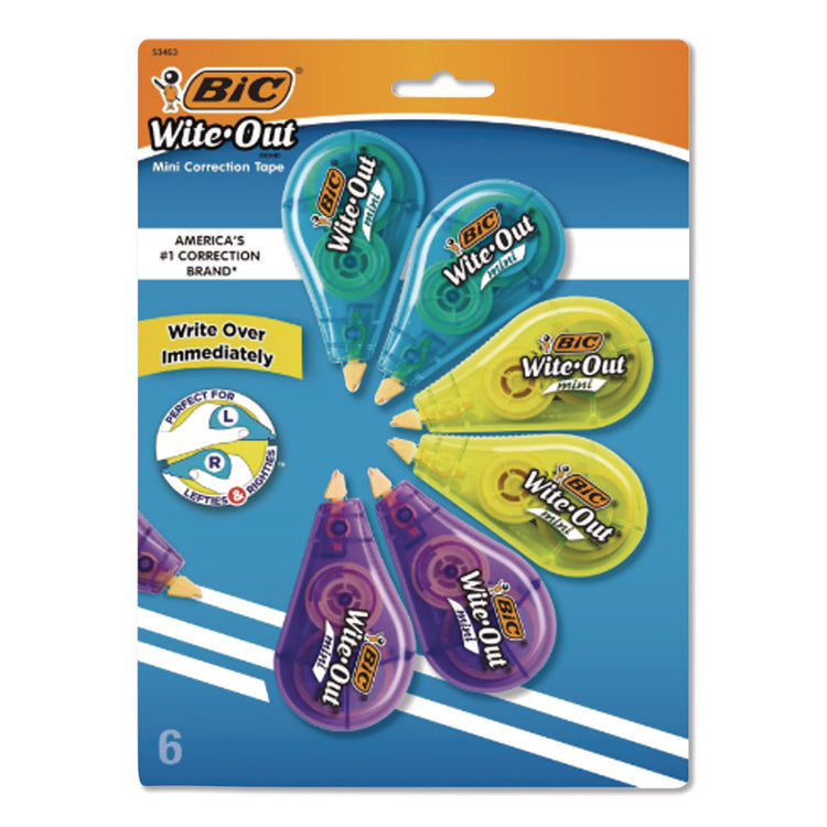 Wite-Out Brand Mini Correction Tape, Non-Refillable, Blue/Purple/Yellow Applicators, 0.2" x 314.4", 6/Pack