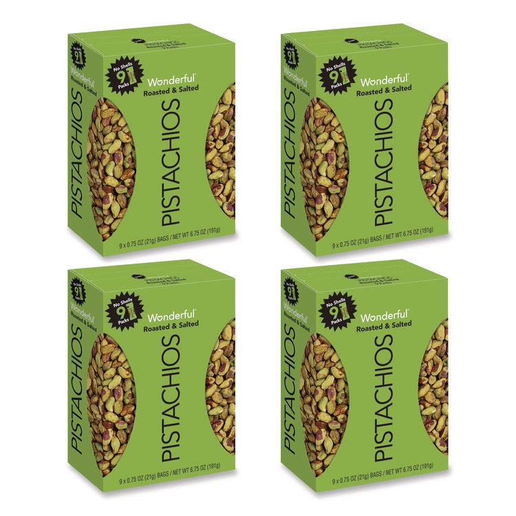 Wonderful No Shells Pistachios, Roasted And Salted, 0.75 Oz Bag, 9 Bags/box, 4 Boxes/carton