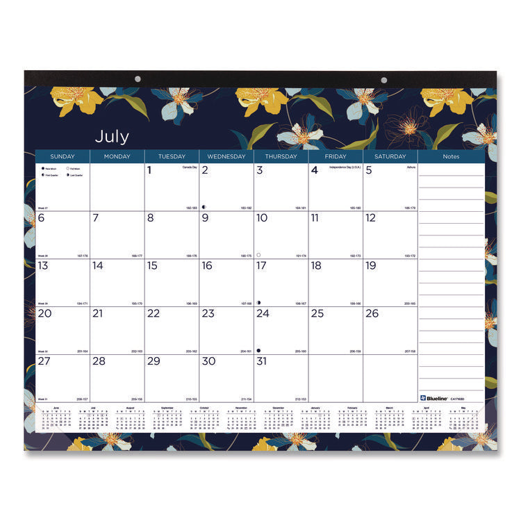 Academic 18-Month Desk Pad Calendar, Floral Artwork, 22 x 17, White/Multicolor Sheets, Black Headband, July 2025 to Dec 2026