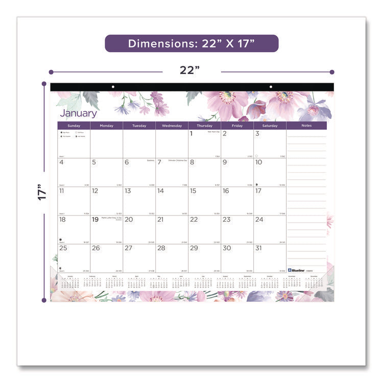 Passion Monthly Deskpad Calendar, Floral Artwork, 22 x 17, White/Multicolor Sheets, Black Binding, 12-Month (Jan-Dec): 2025