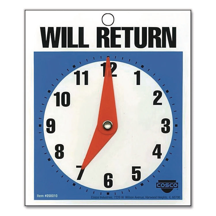 Double-Sided Open/Will Return Sign with Clock Hands, Plastic, 7.5 x 9