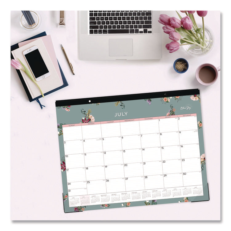 Greta Academic Year Desk Pad Calendar, Floral Artwork, 22 x 17, White/Green/Pink Sheets, 12-Month: July 2025 to June 2026