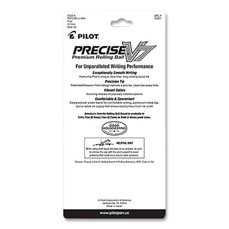 Precise V7 Rollerball Pen, Stick, Fine 0.7 mm, Blue Ink, Blue/Clear Barrel, 5/Pack