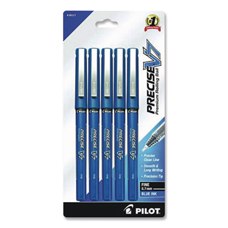 Precise V7 Rollerball Pen, Stick, Fine 0.7 mm, Blue Ink, Blue/Clear Barrel, 5/Pack