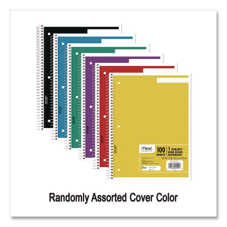 Spiral Notebook, 1-Subject, Wide/Legal Rule, Randomly Assorted Cover Color, (100) 10.5 x 7.5 Sheets