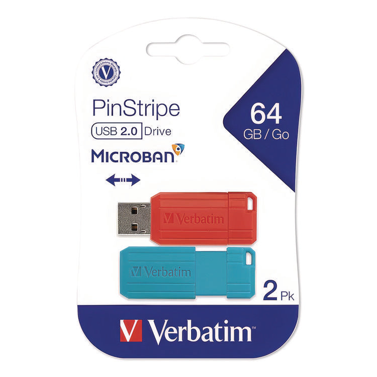 PinStripe USB 2.0 Flash Drive, 64 GB, Caribbean Blue/Red, 2/Pack