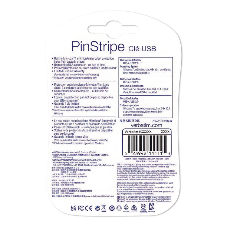 PinStripe USB 2.0 Flash Drive, 64 GB, Caribbean Blue/Red, 2/Pack