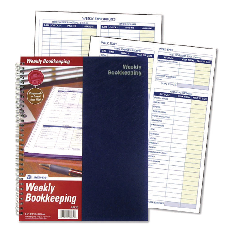 Weekly Bookkeeping Ledger, Columns Vary By Section, Royal Blue Cover, 11 x 8.5 Sheets, 56 Sheets/Book