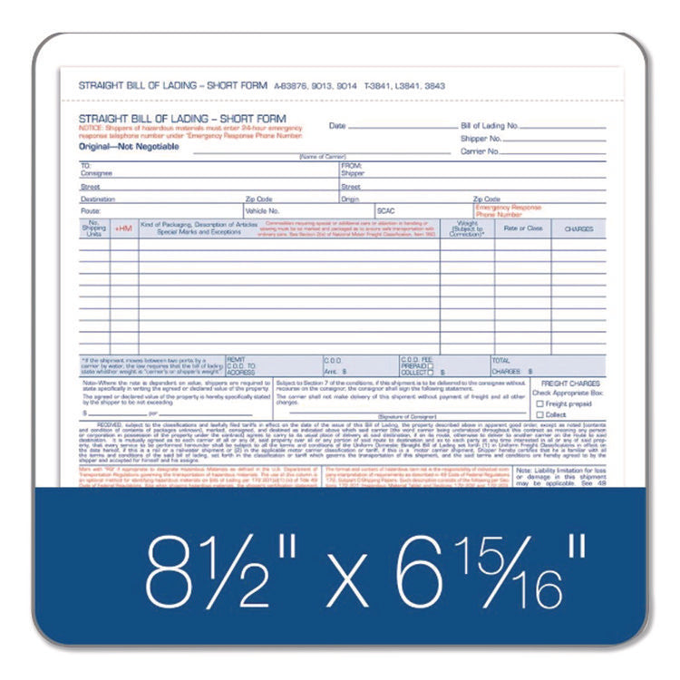 Bill of Lading - Short Form for Up to Ten Articles, Three-Part Carbonless, 8.5 x 6.94, 250 Forms Total