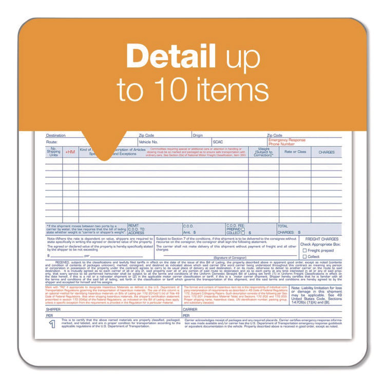Bill of Lading - Short Form for Up to Ten Articles, Three-Part Carbonless, 8.5 x 6.94, 250 Forms Total