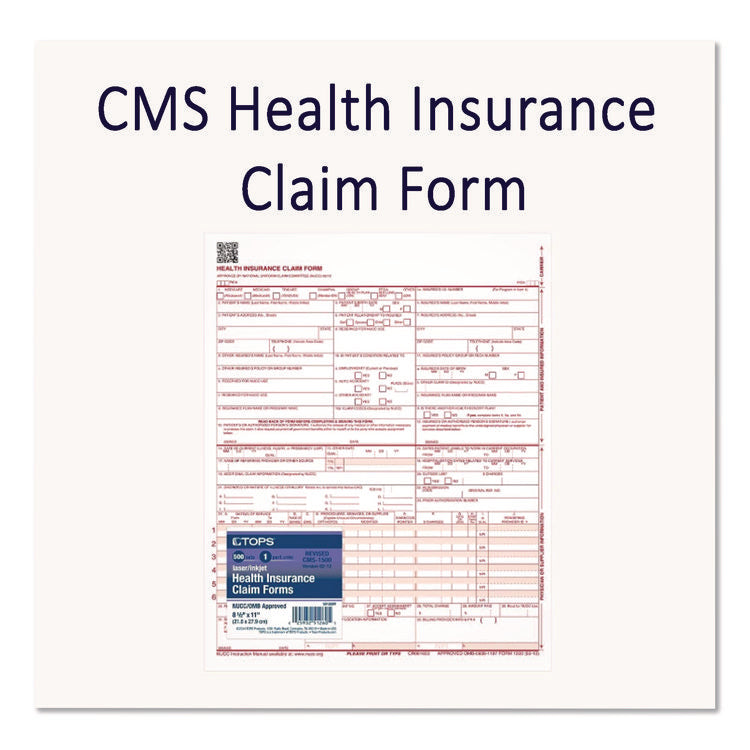 CMS Health Insurance Claim Form, Two-Part Carbonless, 8.5 x 11, 100 Forms Total