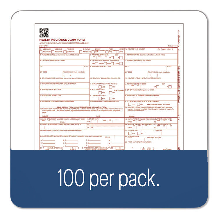 CMS Health Insurance Claim Form, Two-Part Carbonless, 8.5 x 11, 100 Forms Total