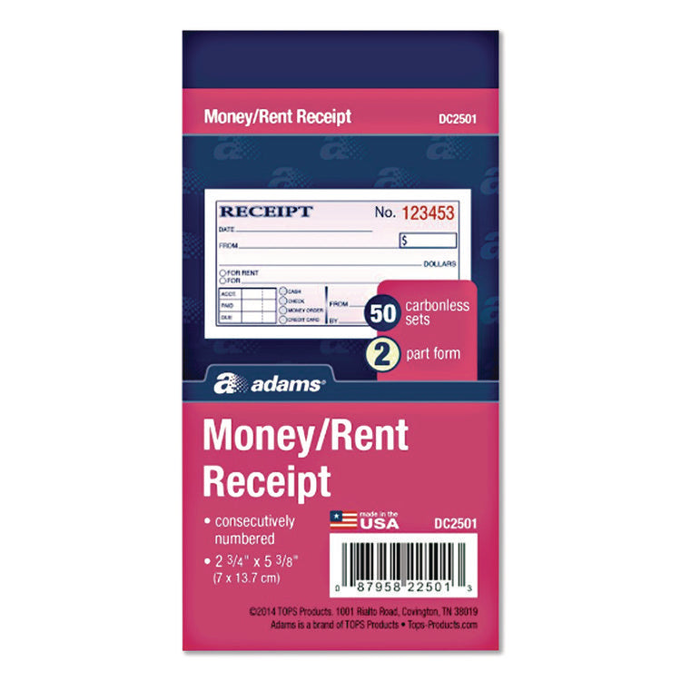 Money/Rent Receipt Book, Two-Part Carbonless, 4.88 x 2.75, 50 Forms Total