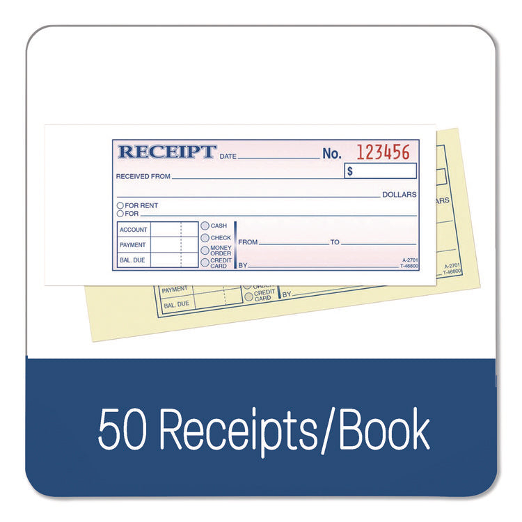 Money/Rent Receipt Book, Two-Part Carbonless, 6.69 x 2.75, 50 Receipts/Book, 5 Books/Pack