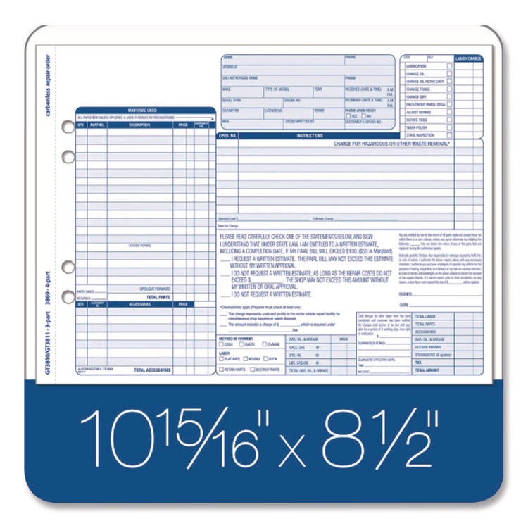 Multipart Auto Repair Work Order Forms, Three-Part Carbonless, 8.5 x 6.94, 50 Forms Total