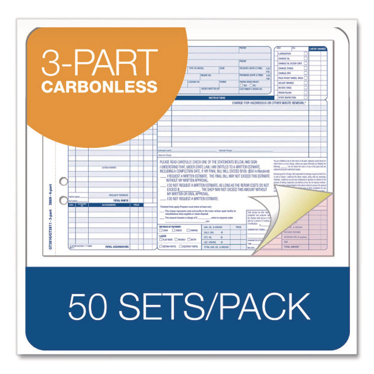 Multipart Auto Repair Work Order Forms, Three-Part Carbonless, 8.5 x 6.94, 50 Forms Total