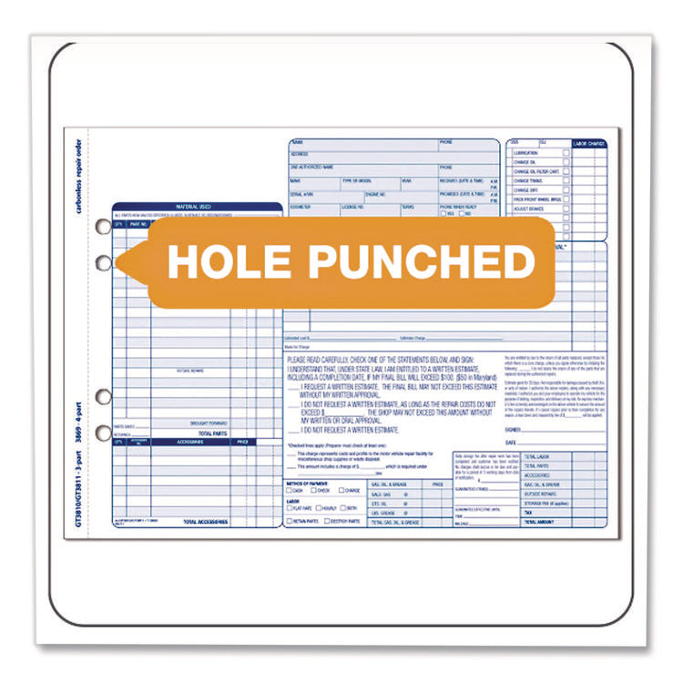 Multipart Auto Repair Work Order Forms, Three-Part Carbonless, 8.5 x 6.94, 50 Forms Total