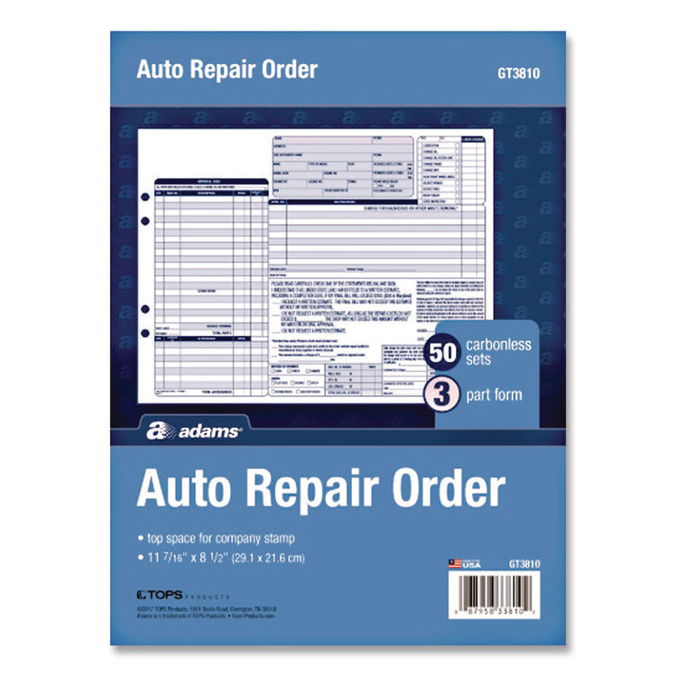 Multipart Auto Repair Work Order Forms, Three-Part Carbonless, 8.5 x 6.94, 50 Forms Total