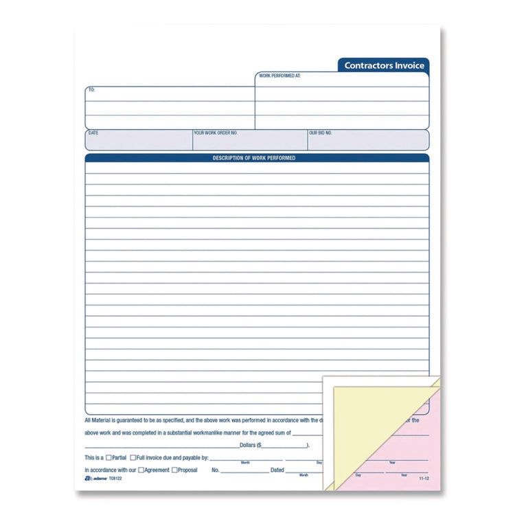 Multipart Contractor Invoice Forms, Three-Part Carbonless, 8.5 x 10.94, 100 Forms Total