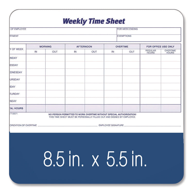 Weekly Time Sheets, Two-Part Carbonless, 8.5 x 5.5, 100 Forms Total