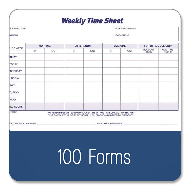 Weekly Time Sheets, Two-Part Carbonless, 8.5 x 5.5, 100 Forms Total