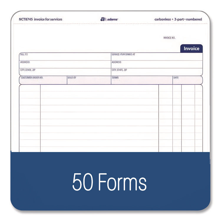 Multipart Service Invoice Pad, Three-Part Carbonless, 8.5 x 6.94, 50 Forms Total
