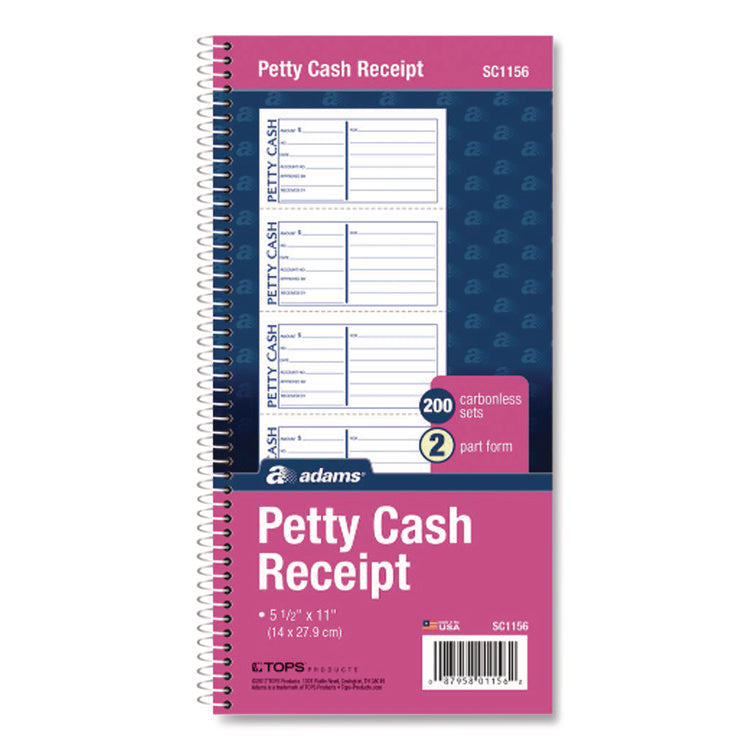 Petty Cash Receipt Book, Two-Part Carbonless, 5 x 2.75, 4 Forms/Sheet, 200 Forms Total