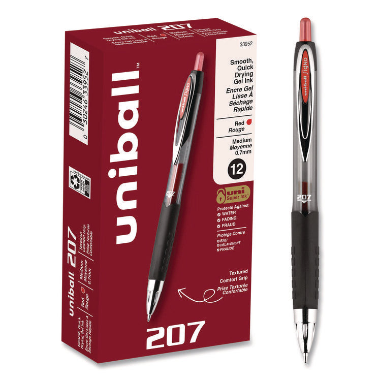 Signo 207 Gel Pen, Retractable, Medium 0.7 Mm, Red Ink, Smoke/black/red Barrel, Dozen