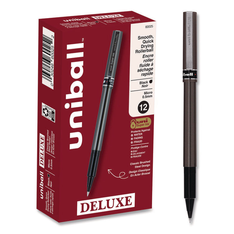Deluxe Rollerball Pen, Stick, Extra-Fine 0.5 mm, Black Ink, Metallic Gray/Black Barrel, Dozen