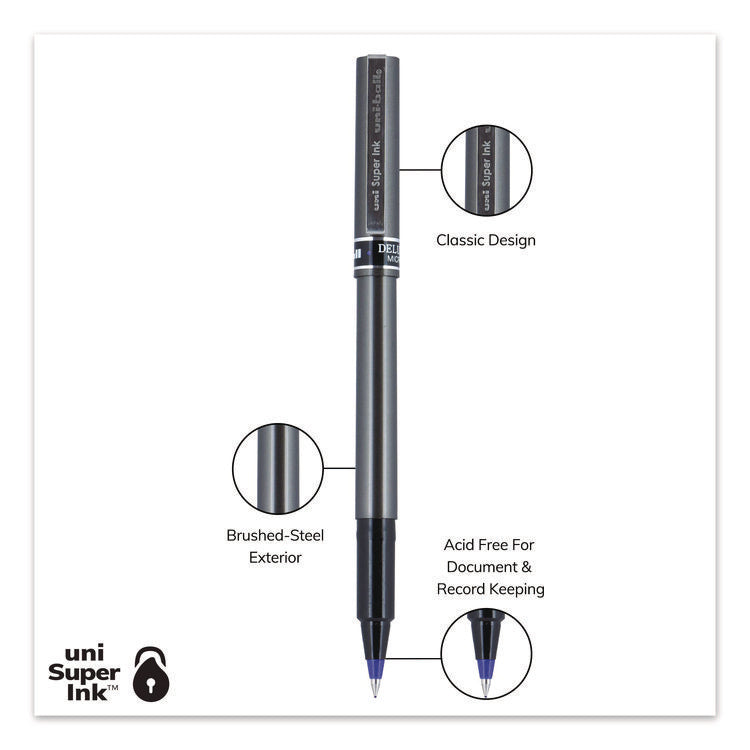 Deluxe Rollerball Pen, Stick, Extra-Fine 0.5 mm, Blue Ink, Metallic Gray/Black/Blue Barrel, Dozen