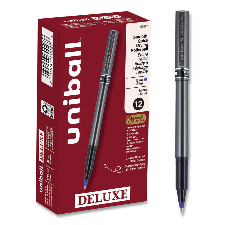 Deluxe Rollerball Pen, Stick, Extra-Fine 0.5 mm, Blue Ink, Metallic Gray/Black/Blue Barrel, Dozen