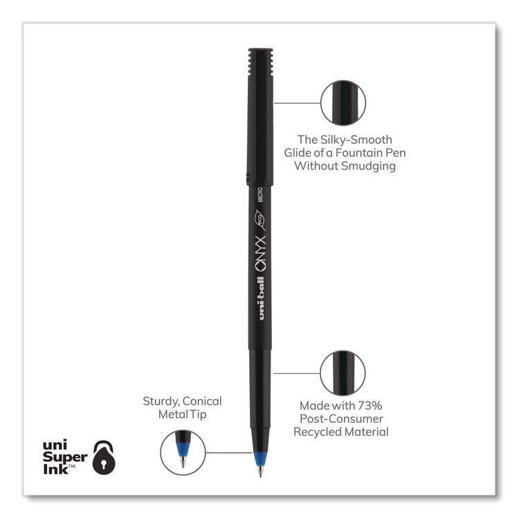 ONYX Rollerball Pen, Stick, Extra-Fine 0.5 mm, Blue Ink, Black/Blue Barrel, Dozen