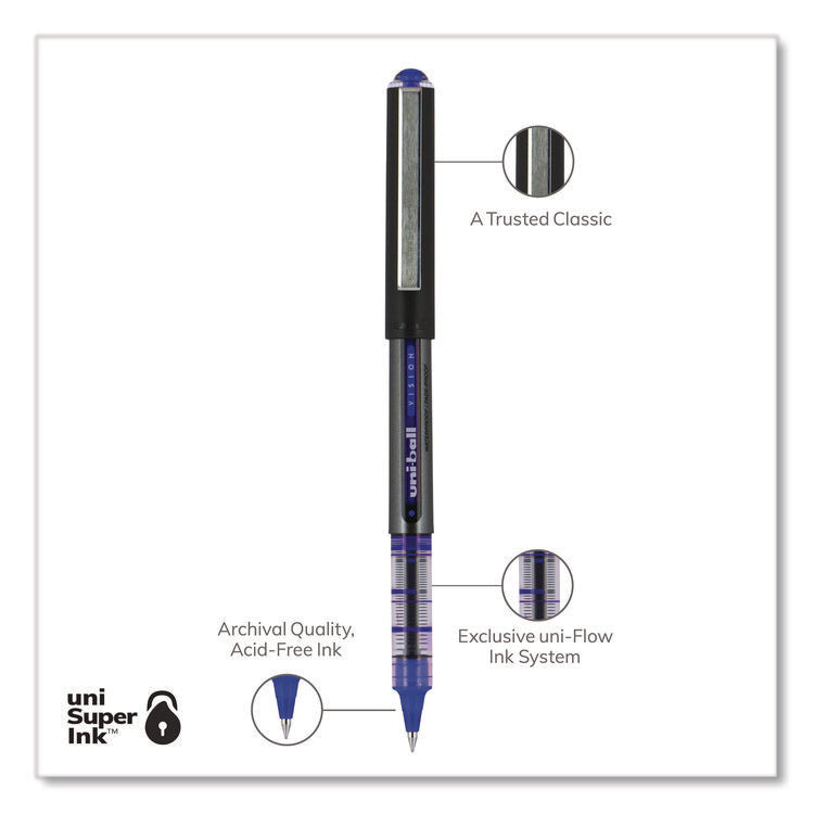 VISION Rollerball Pen, Stick, Extra-Fine 0.5 mm, Blue Ink, Gray/Blue/Clear Barrel, Dozen
