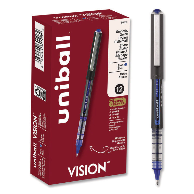 VISION Rollerball Pen, Stick, Extra-Fine 0.5 mm, Blue Ink, Gray/Blue/Clear Barrel, Dozen