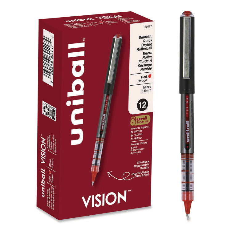 VISION Rollerball Pen, Stick, Extra-Fine 0.5 mm, Red Ink, Gray/Red/Clear Barrel, Dozen