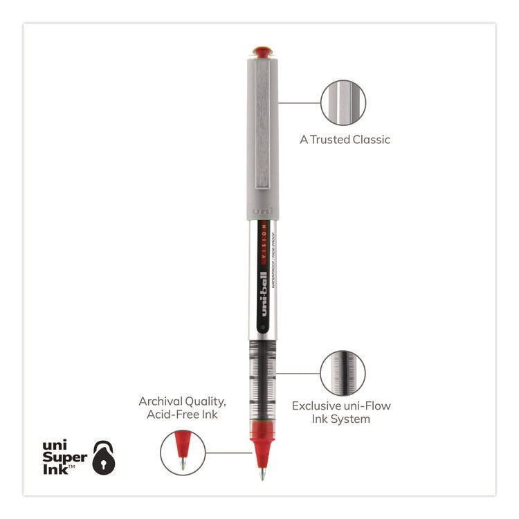 VISION Rollerball Pen, Stick, Fine 0.7 mm, Red Ink, Silver/Red/Clear Barrel, Dozen