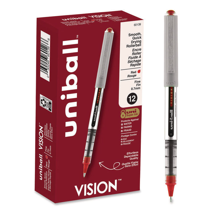 VISION Rollerball Pen, Stick, Fine 0.7 mm, Red Ink, Silver/Red/Clear Barrel, Dozen
