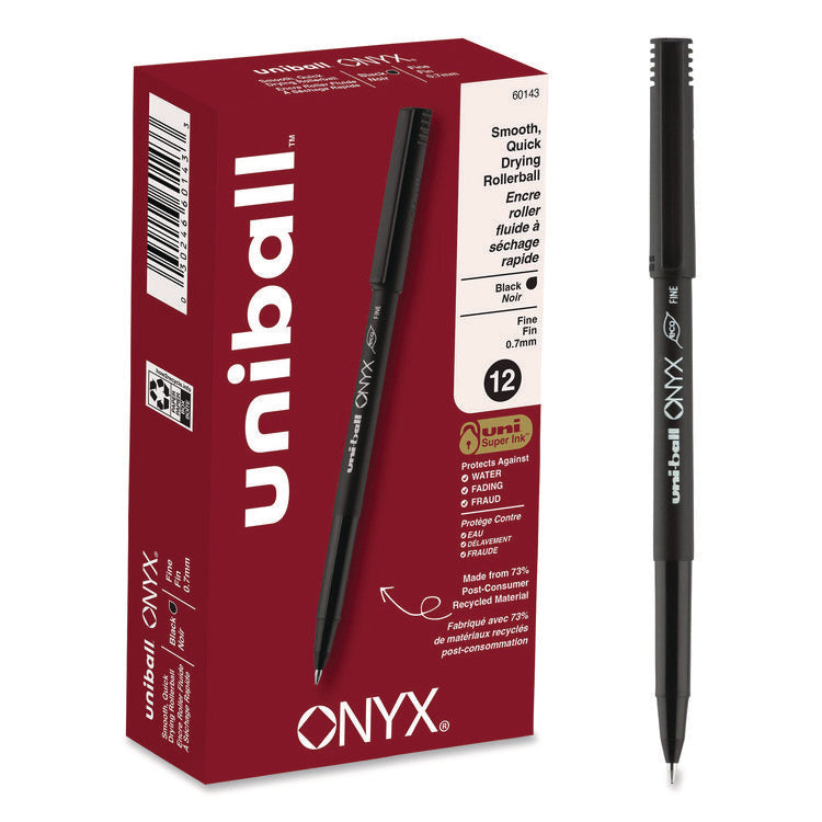 ONYX Rollerball Pen, Stick, Fine 0.7 mm, Black Ink, Black Barrel, Dozen