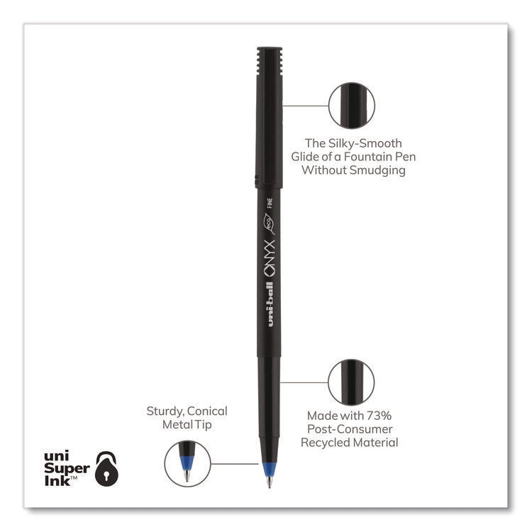 ONYX Rollerball Pen, Stick, Fine 0.7 mm, Blue Ink, Black/Blue Barrel, Dozen