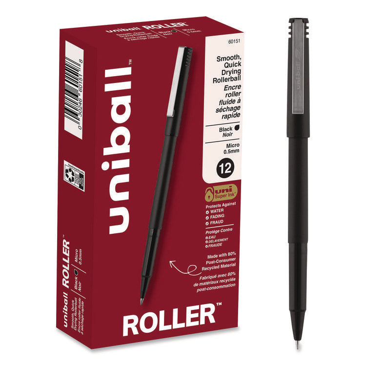 Rollerball Pen, Stick, Extra-Fine 0.5 mm, Black Ink, Black Barrel, Dozen