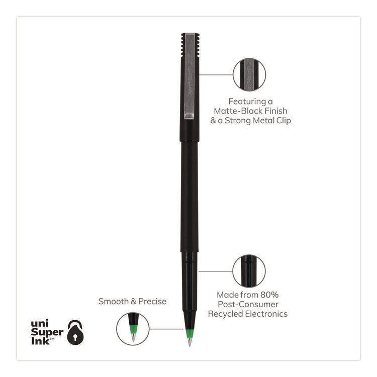 Rollerball Pen, Stick, Extra-Fine 0.5 mm, Green Ink, Black/Green Barrel, Dozen
