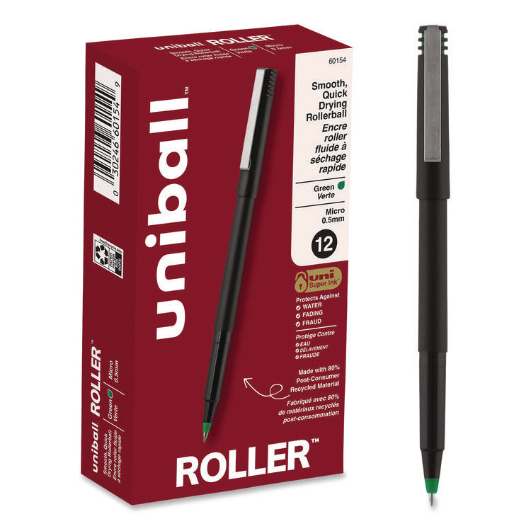 Rollerball Pen, Stick, Extra-Fine 0.5 mm, Green Ink, Black/Green Barrel, Dozen