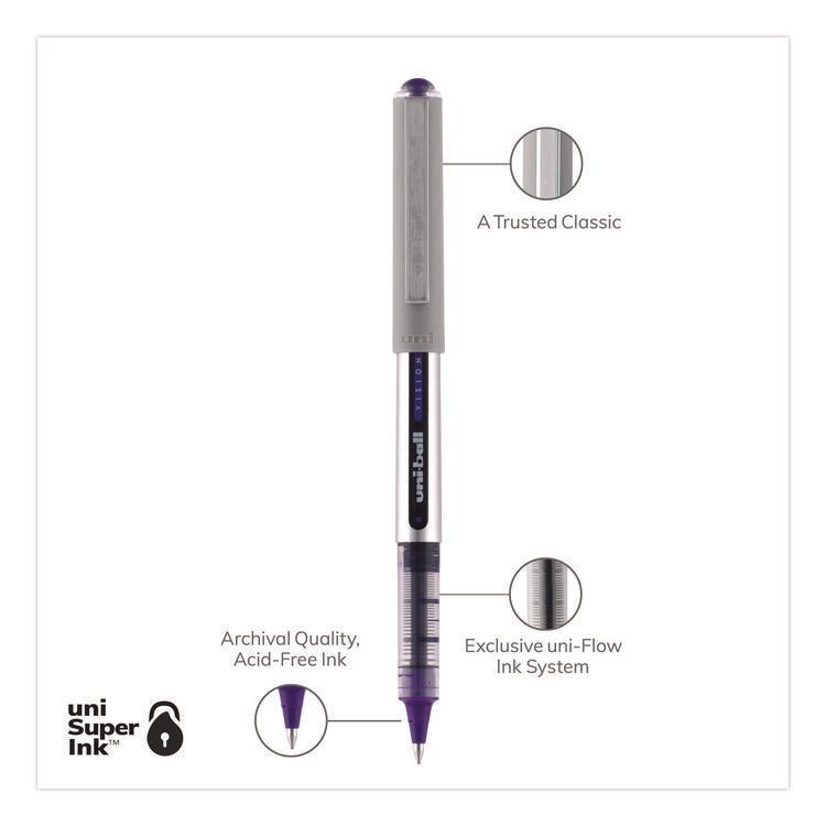 VISION Rollerball Pen, Stick, Fine 0.7 mm, Violet Ink, Silver/Violet/Clear Barrel, Dozen