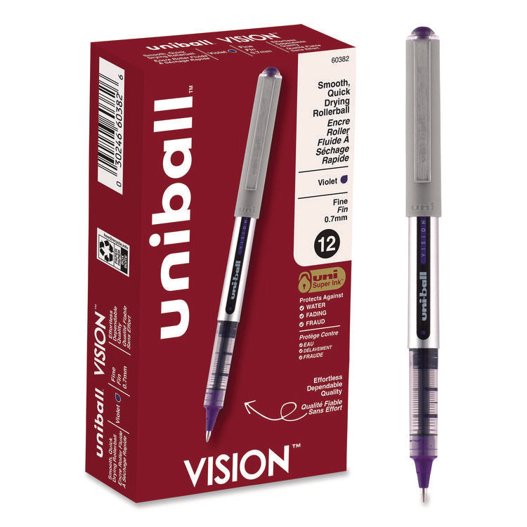 VISION Rollerball Pen, Stick, Fine 0.7 mm, Violet Ink, Silver/Violet/Clear Barrel, Dozen