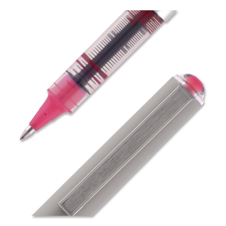 VISION Rollerball Pen, Stick, Fine 0.7 mm, Pink Ink, Silver/Pink/Clear Barrel, Dozen