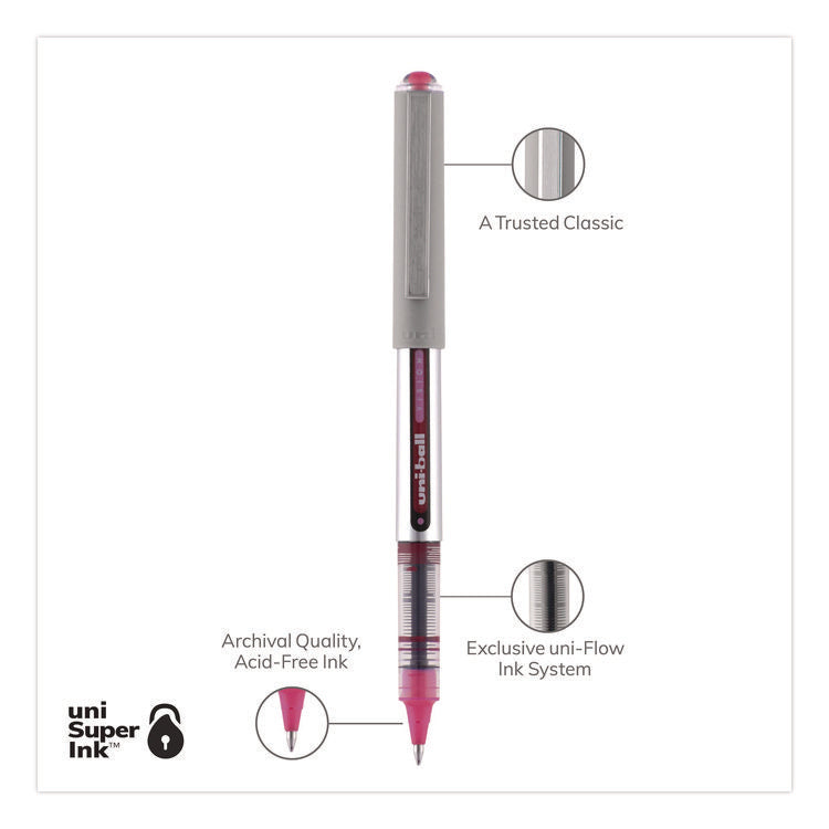 VISION Rollerball Pen, Stick, Fine 0.7 mm, Pink Ink, Silver/Pink/Clear Barrel, Dozen