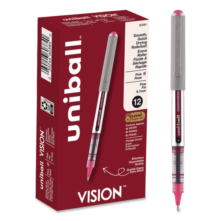VISION Rollerball Pen, Stick, Fine 0.7 mm, Pink Ink, Silver/Pink/Clear Barrel, Dozen