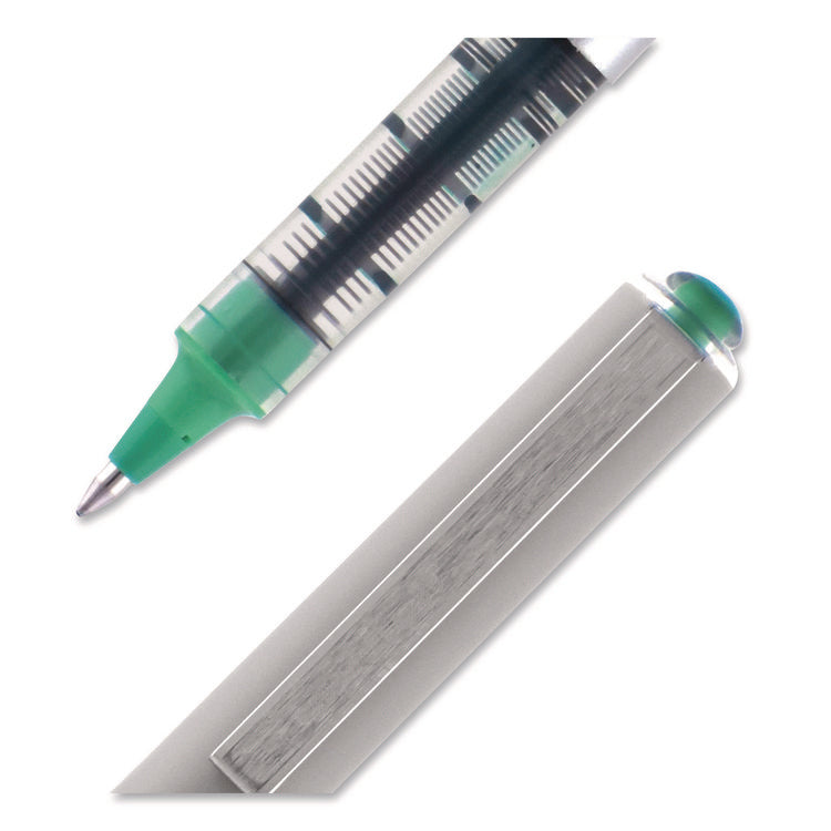VISION Rollerball Pen, Stick, Fine 0.7 mm, Green Ink, Silver/Green/Clear Barrel, Dozen