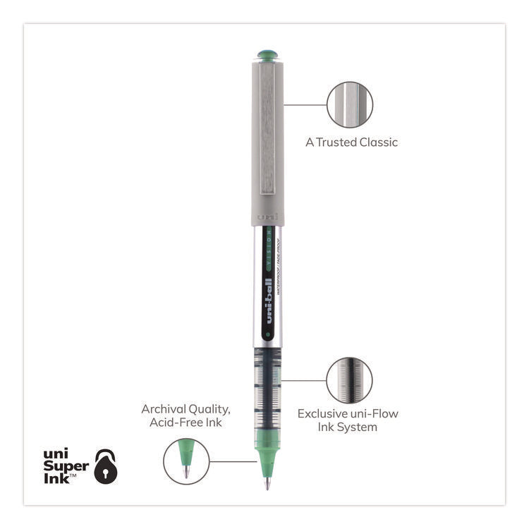 VISION Rollerball Pen, Stick, Fine 0.7 mm, Green Ink, Silver/Green/Clear Barrel, Dozen