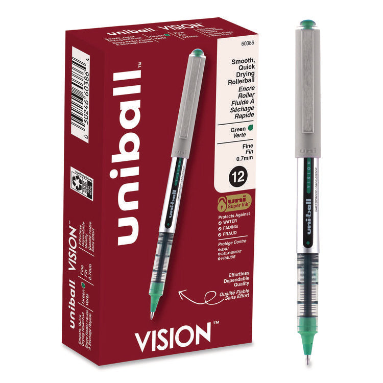 VISION Rollerball Pen, Stick, Fine 0.7 mm, Green Ink, Silver/Green/Clear Barrel, Dozen